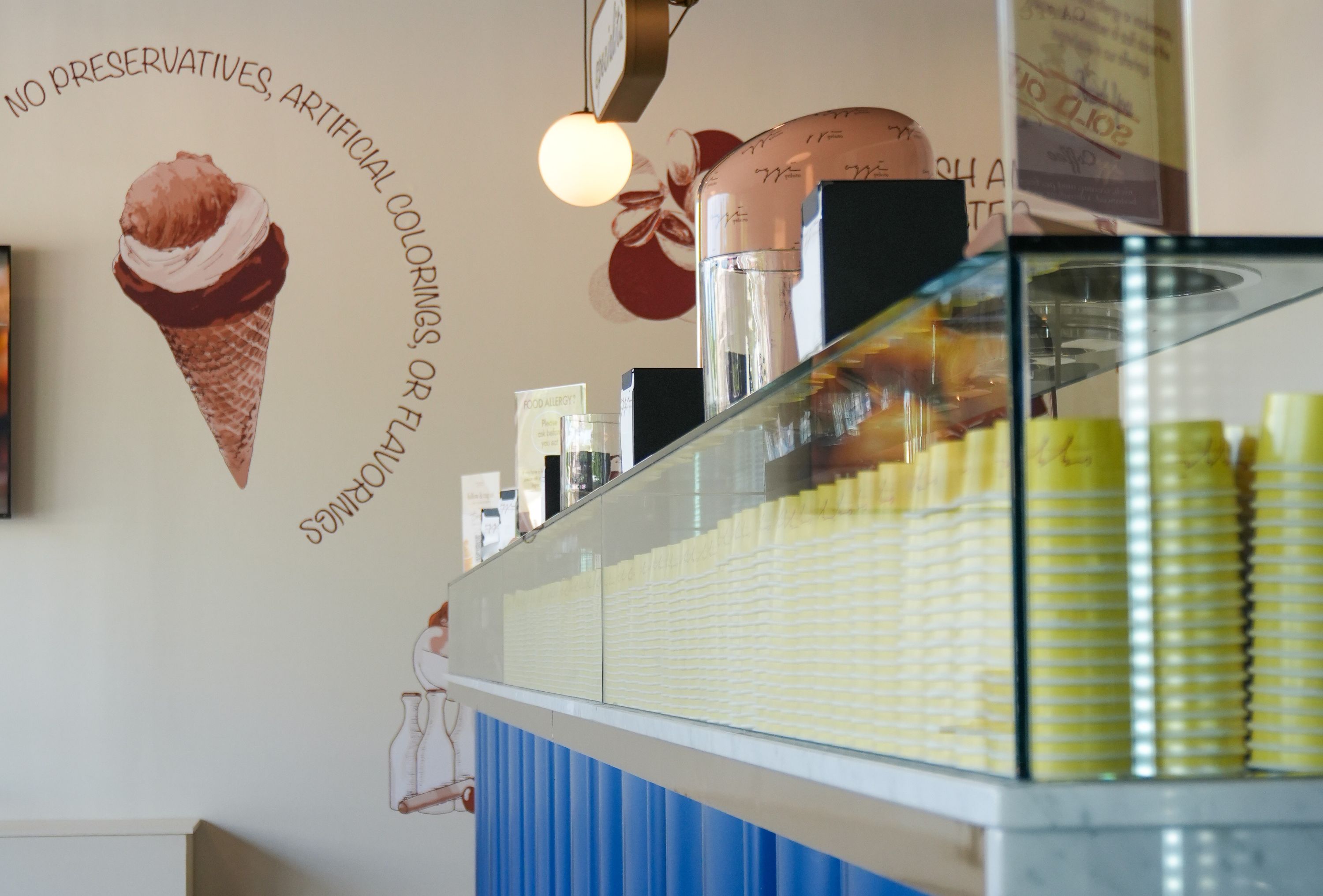 Oggi Gelato Trumbull counter and cups